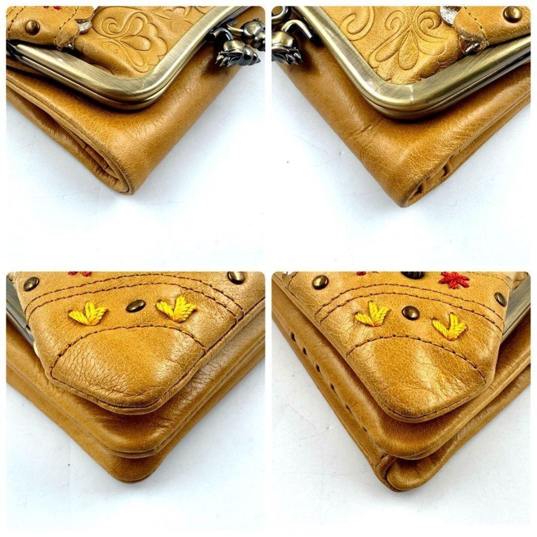 ANNA SUI　リトルバード　がま口　二つ折り財布　ゴールド金具　黄　レザー