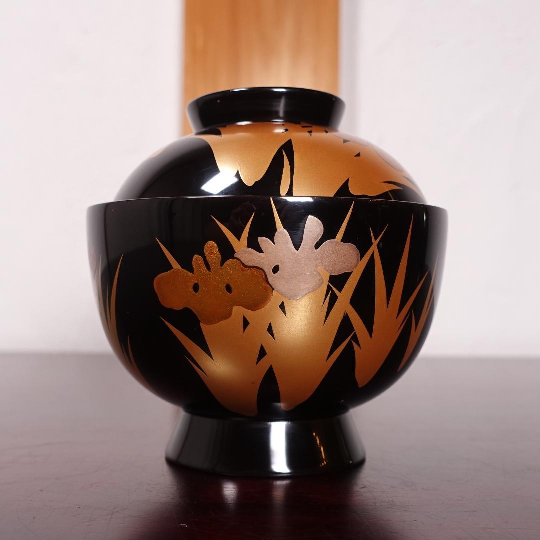 輪島塗 黒塗 あやめ蒔絵 吸物椀 5客 共箱 天然木製漆器