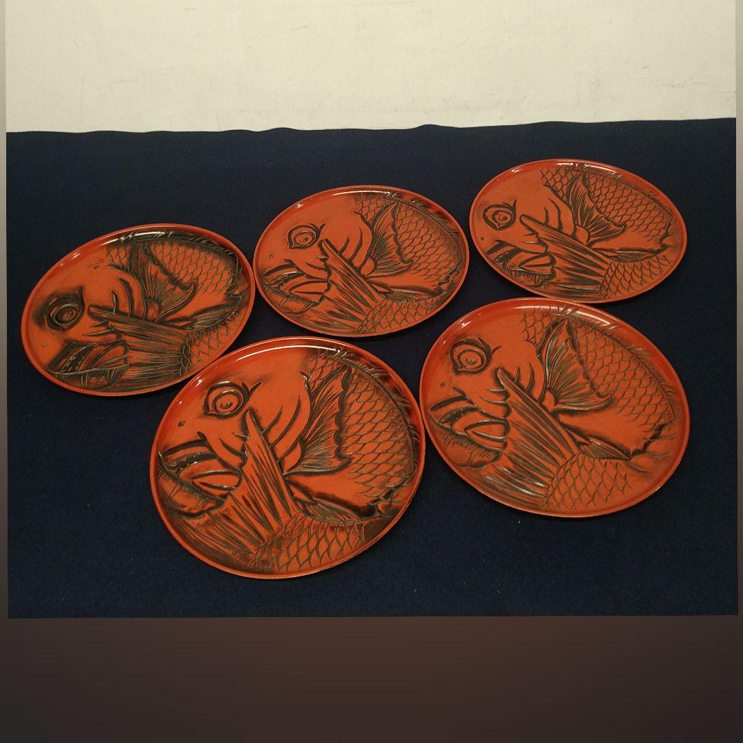 AC81 鯛図 丸盆 一尺五枚 木彫 朱漆盆 煎茶盆 時代 当日物