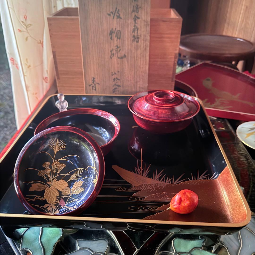 2224様感謝‼️感謝価格‼️超絶JAPAN蒔絵あけぼの❌黒 秋草蒔絵　茶懐石椀5客