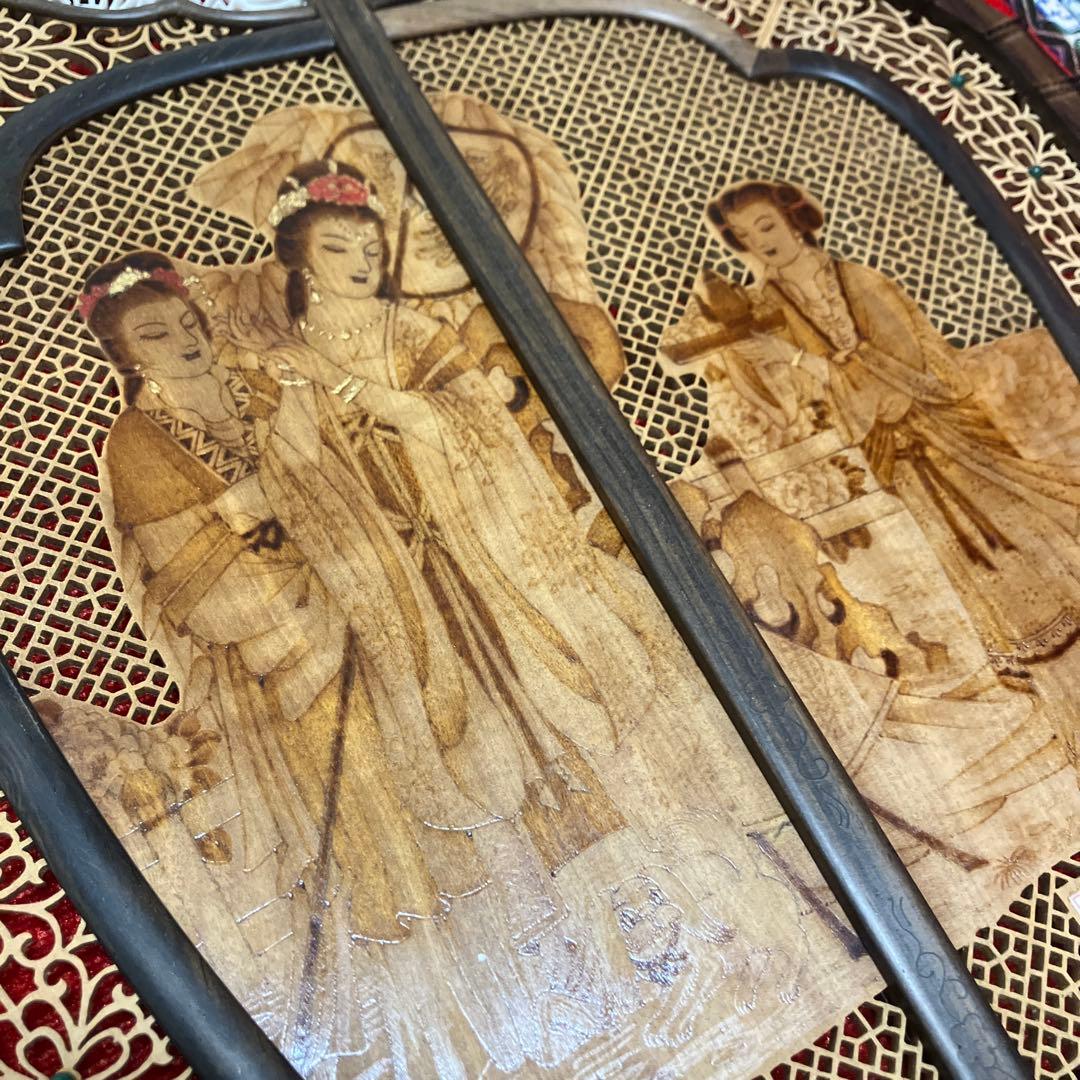 中国美術 唐木造 白檀透彫刻 翡翠 軍配型硯屏 団扇　唐物？