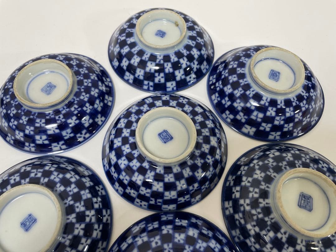 【現状品】古伊万里 青 染付 蓋付飯碗9客 レトロ アンティーク