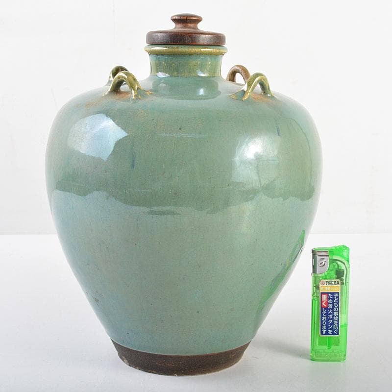 富山県古陶磁器　小杉焼　青磁　四耳壷　唐木蓋付　C　R5629