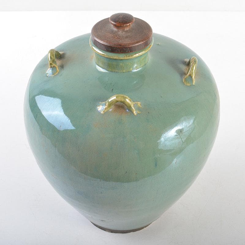 富山県古陶磁器　小杉焼　青磁　四耳壷　唐木蓋付　C　R5629