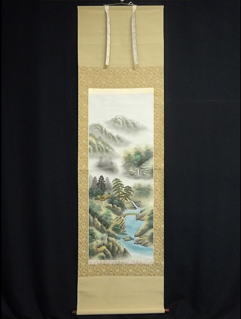 掛軸 小林雄山『彩色山水図』日本画 絹本 肉筆 共箱付 掛け軸 a033112