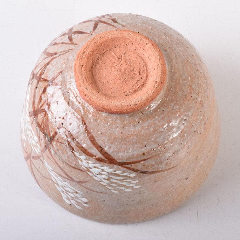 茶道具　京焼　中村良二作　灰釉　芒図　茶碗　共布共箱　C　7446