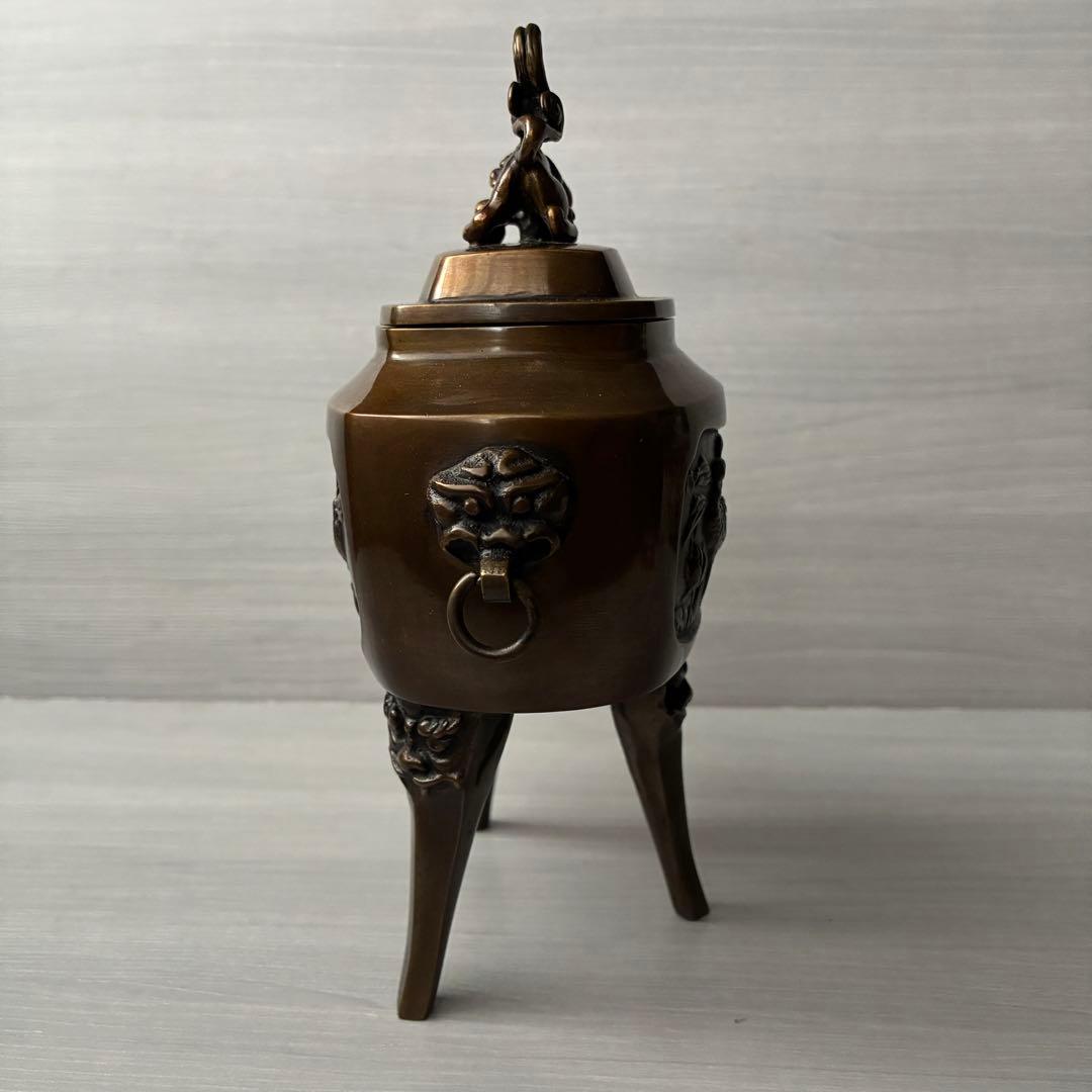 香炉　青銅製　獅子　孔雀　三足　高岡銅器　瑞峰作　茶道具　香道具　お香付き