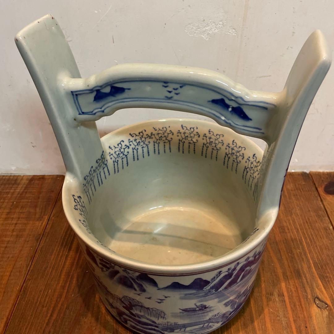 美品　陶器　時代物　染付　山水画　文手桶　花入　当時物　古道具