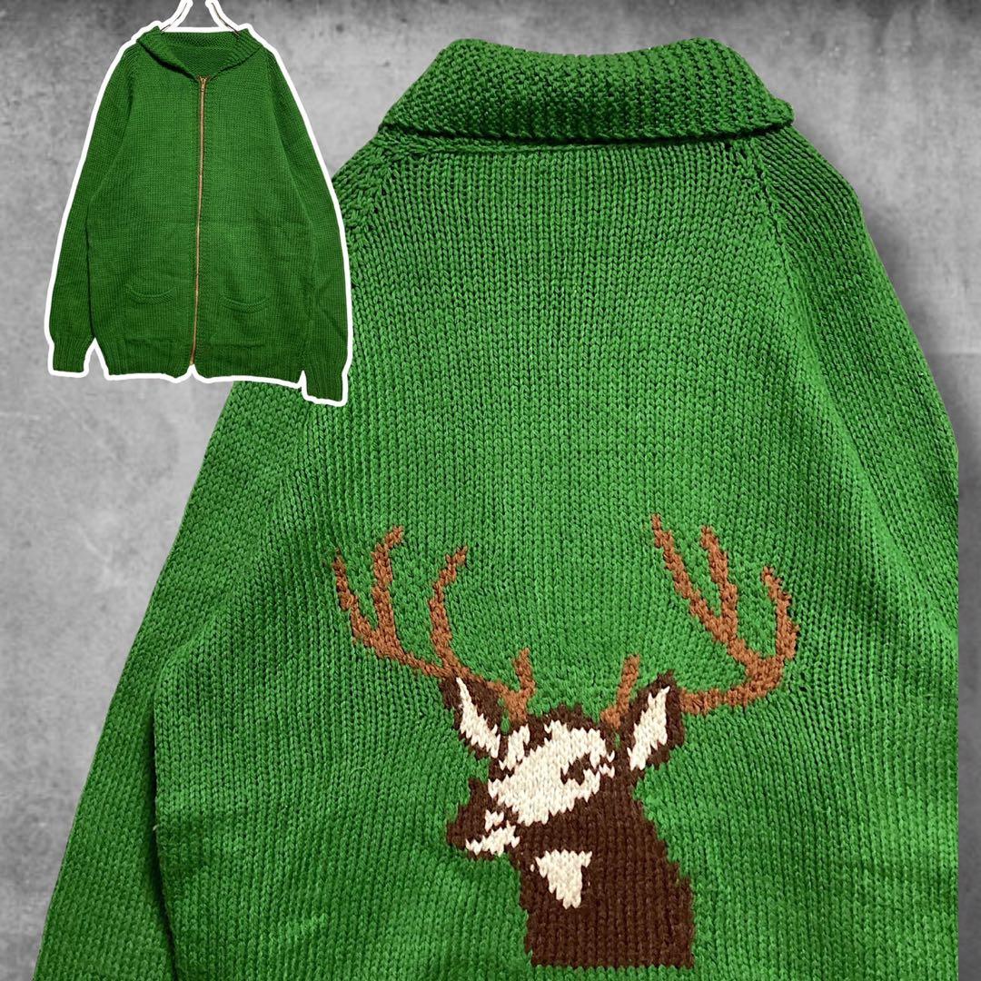 @*様 BPLS アニマル カーディガン 古着 50s 60s 緑 カウチン タ