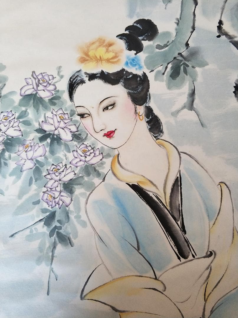 【美】　★ 掛け軸 明月照佳人 ★　肉筆保証　振禹 庚寅年絵　文房書画