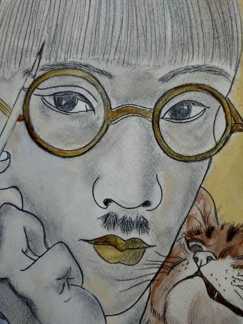 【F6号】藤田嗣治【猫と自画像】手描き/表裏サイン・鑑定書有り/鉛筆/水彩/額縁