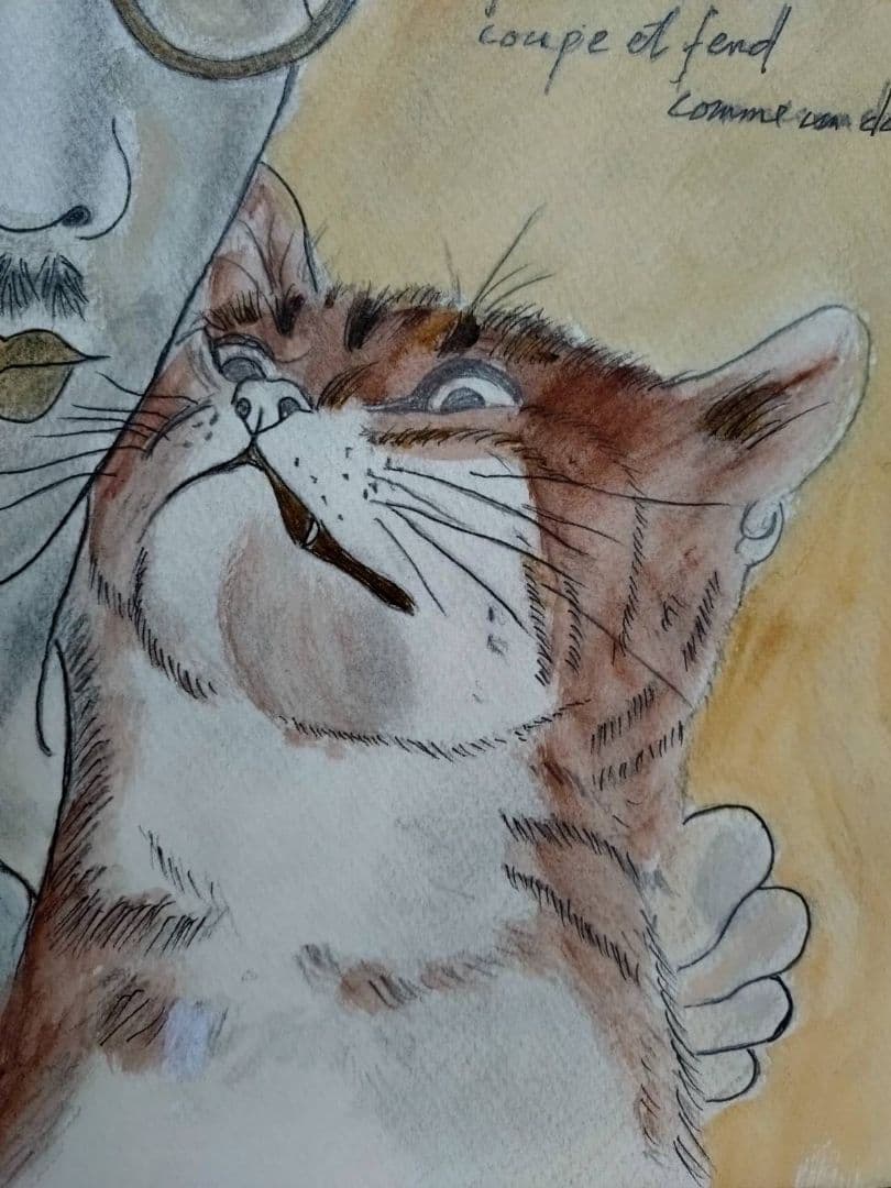 【F6号】藤田嗣治【猫と自画像】手描き/表裏サイン・鑑定書有り/鉛筆/水彩/額縁