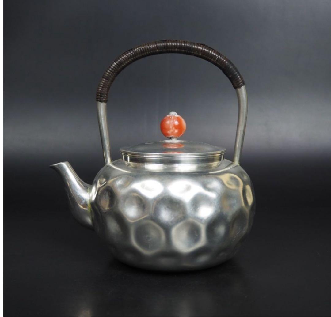 送料無料　明治～大正　錫製湯沸　『躍』在銘　共箱　茶道具