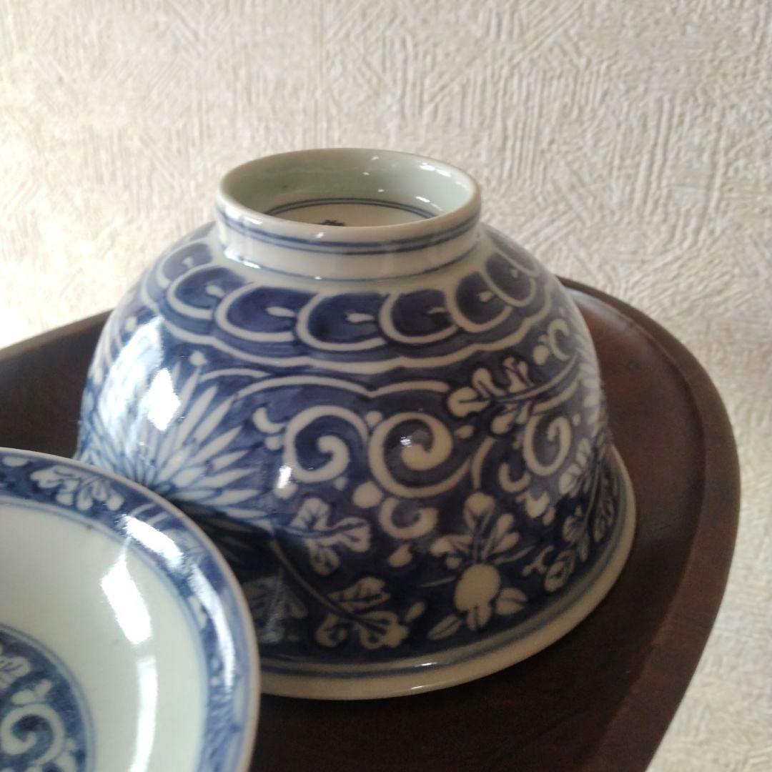 古伊万里染付菊唐草蓋付茶碗道光年製