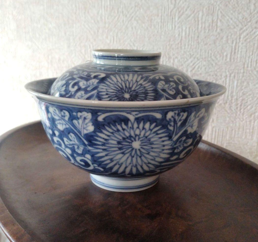 古伊万里染付菊唐草蓋付茶碗道光年製