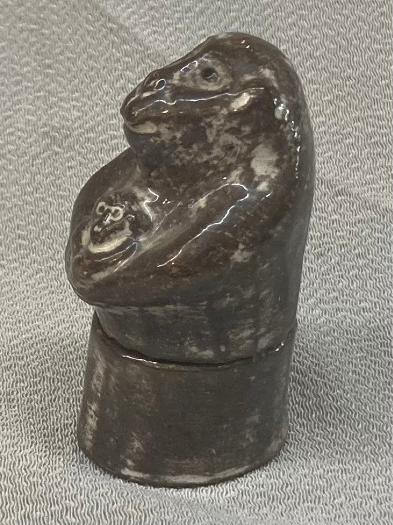 B203s  吉向焼　吉向松月造「親子瓦ざる」申香合　共布共箱　猿　茶道具香道具