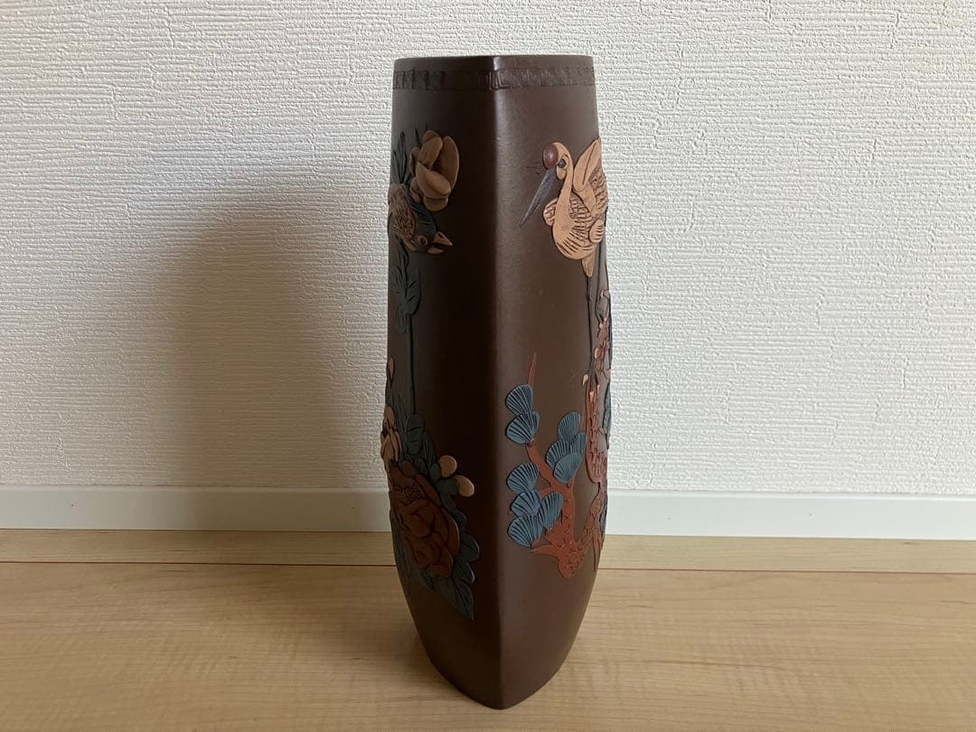 花入 花器 花瓶 紫泥 紫砂 花鳥・松鶴・蘭蝶柄 在銘