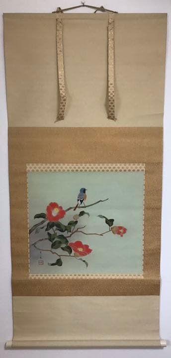 掛け軸　「椿小鳥」　設色花鳥画　書斎飾り