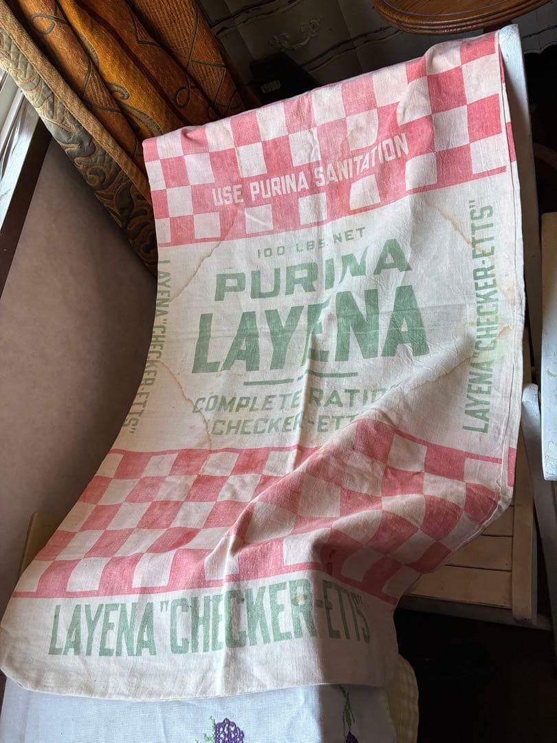 アンティーク　美しい　大きな　コットン　リネン　袋　市松模様　チェック　アメリカ