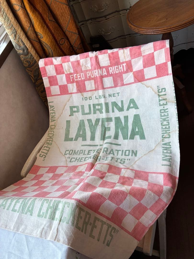 アンティーク　美しい　大きな　コットン　リネン　袋　市松模様　チェック　アメリカ