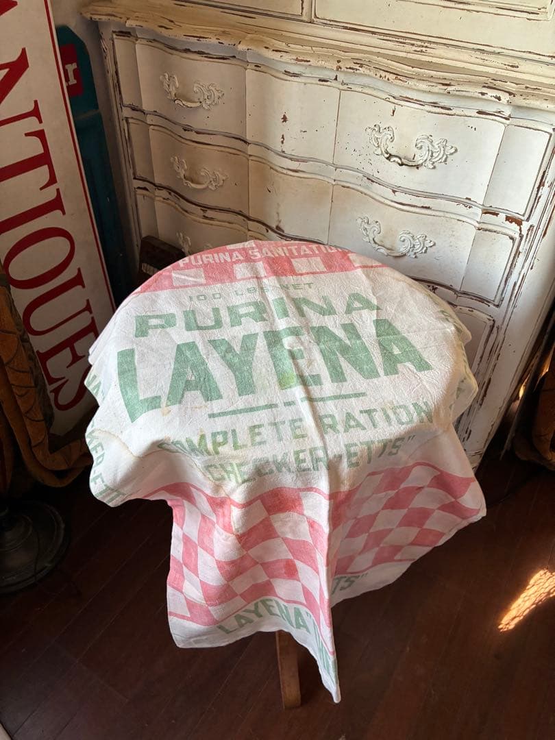 アンティーク　美しい　大きな　コットン　リネン　袋　市松模様　チェック　アメリカ