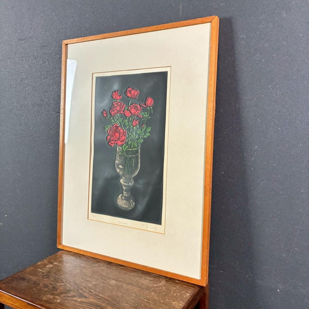 織田繁「薔薇」カラーメゾチント 1978年作 直筆サイン入 ギャラリーシール有