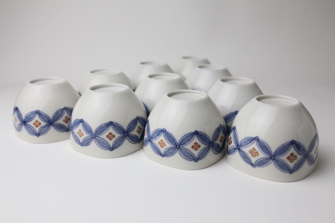 伊東陶山　七宝繋ぎ文　四方　猪口　ぐい呑　煎茶器　茶碗　茶器 10個