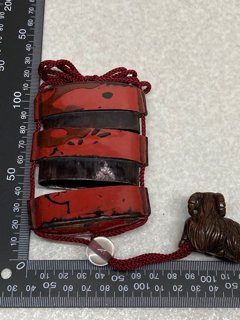 当時物 江戸時代～明治時代 印籠 蒔絵 漆器 3段印籠 玉石在銘 ヤギ根付