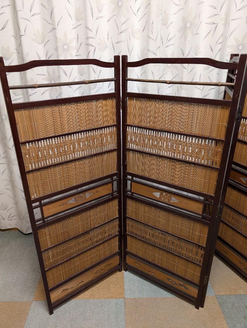 古家具　パーテーション 　　屏風　衝立　4連　竹　木製