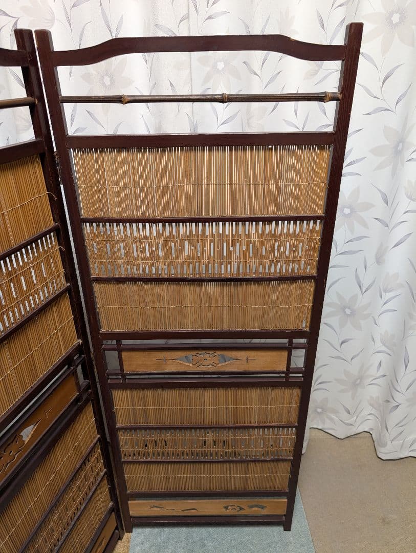 古家具　パーテーション 　　屏風　衝立　4連　竹　木製