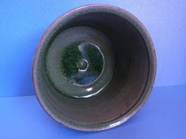 益子焼　中村文昌　緑灰釉水指　緑釉　共蓋　漆塗蓋　茶道具　共箱　落款　掛け流し