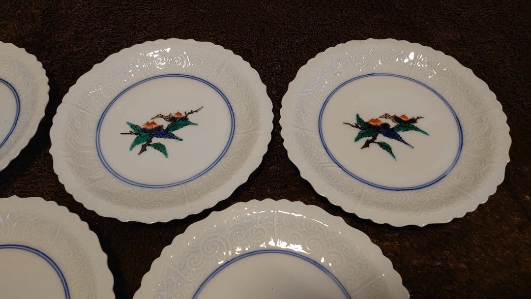 古九谷　九谷焼　輪華皿　陽刻　花の図　蔵出し　５客