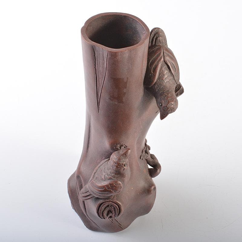 中国　紫砂　朱泥　梅に鳥彫　花瓶　在銘　V　R6388