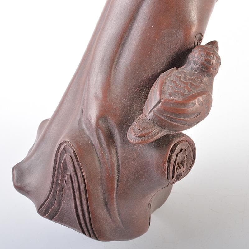 中国　紫砂　朱泥　梅に鳥彫　花瓶　在銘　V　R6388