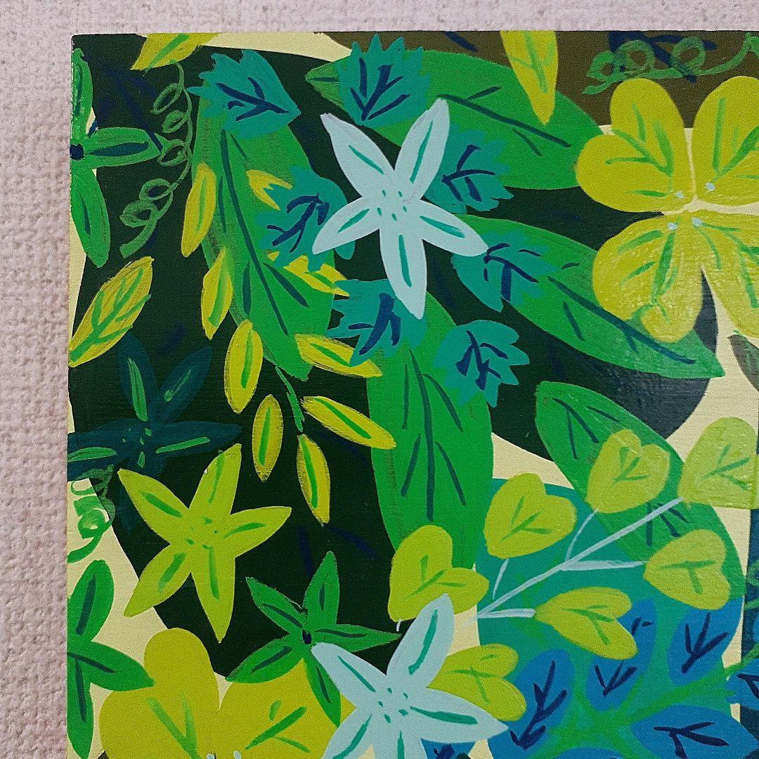 緑だらけの作品　F10号ボード　同じ緑でも色んな色や形がある！　小楠アキコ作品