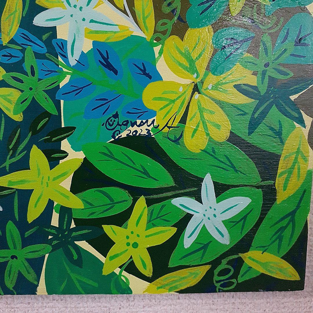 緑だらけの作品　F10号ボード　同じ緑でも色んな色や形がある！　小楠アキコ作品