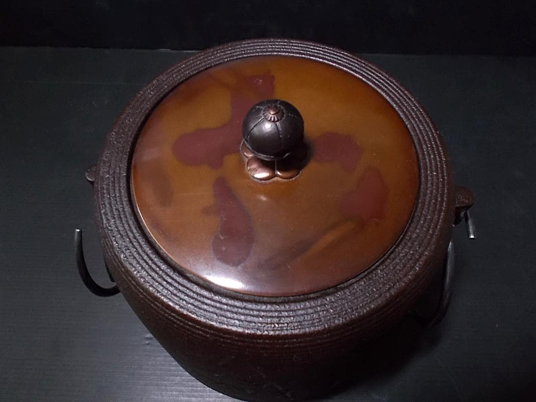 茶道具 糸目竹姥口筒釜 茶釜 釜環 釜師:菊池政光 共箱 送料込み