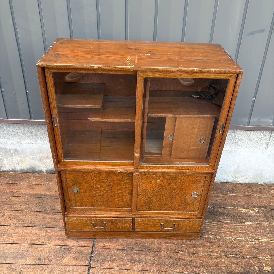 昭和レトロ 無垢材 茶棚 茶箪笥 ガラス戸 サイドボード 古家具 ビンテージ