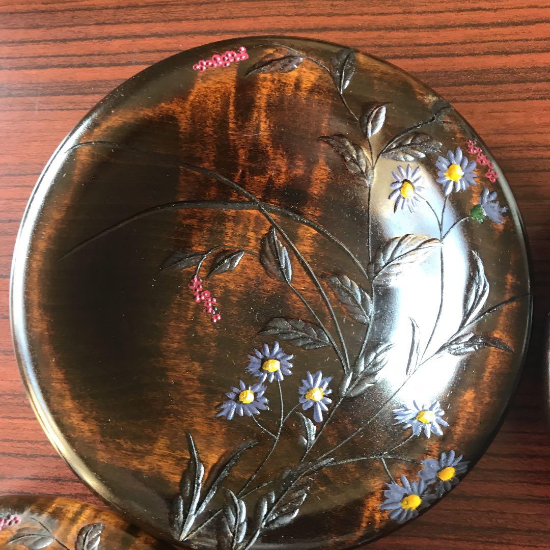 川添日記 にっき おたふく皿 漆器 5枚組 草木彫 未使用 お茶席 インテリア