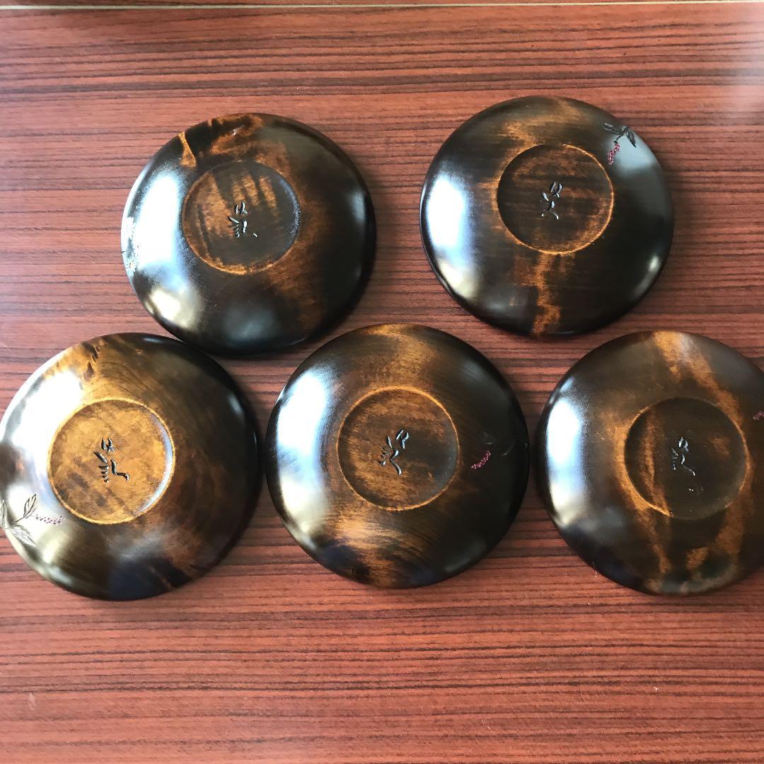 川添日記 にっき おたふく皿 漆器 5枚組 草木彫 未使用 お茶席 インテリア