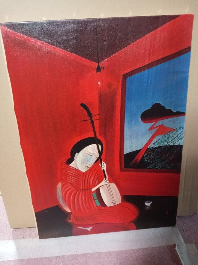 油彩画　斎藤真一作　「赫い雪」～越後瞽女日記より～　額付　共シールル