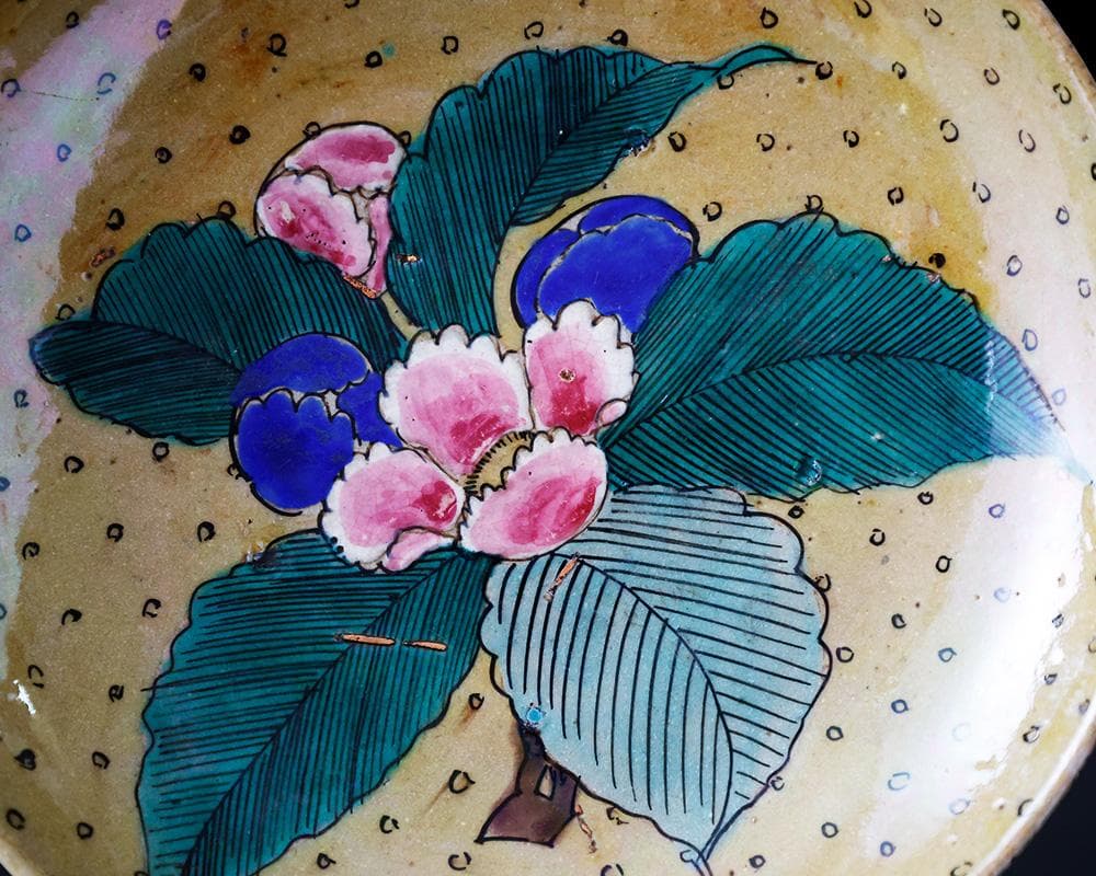 時代年代物 九谷 青手色絵 花の図 七寸 飾皿 直径21㎝ 合せ箱