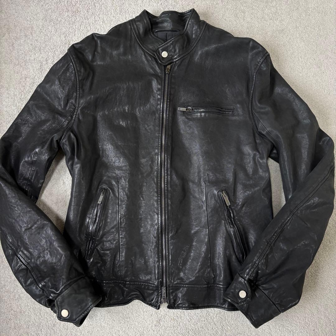黒タグ エンポリオアルマーニ ライダース レザージャケット 本革 48 なめし革