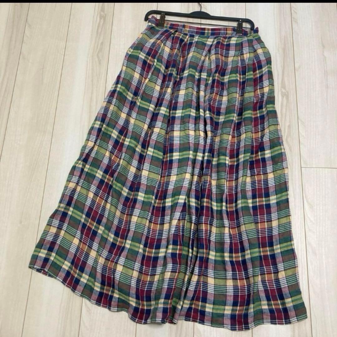 45R チェック柄　リネンタックワイドパンツ　ロングキュロット　サイズ2