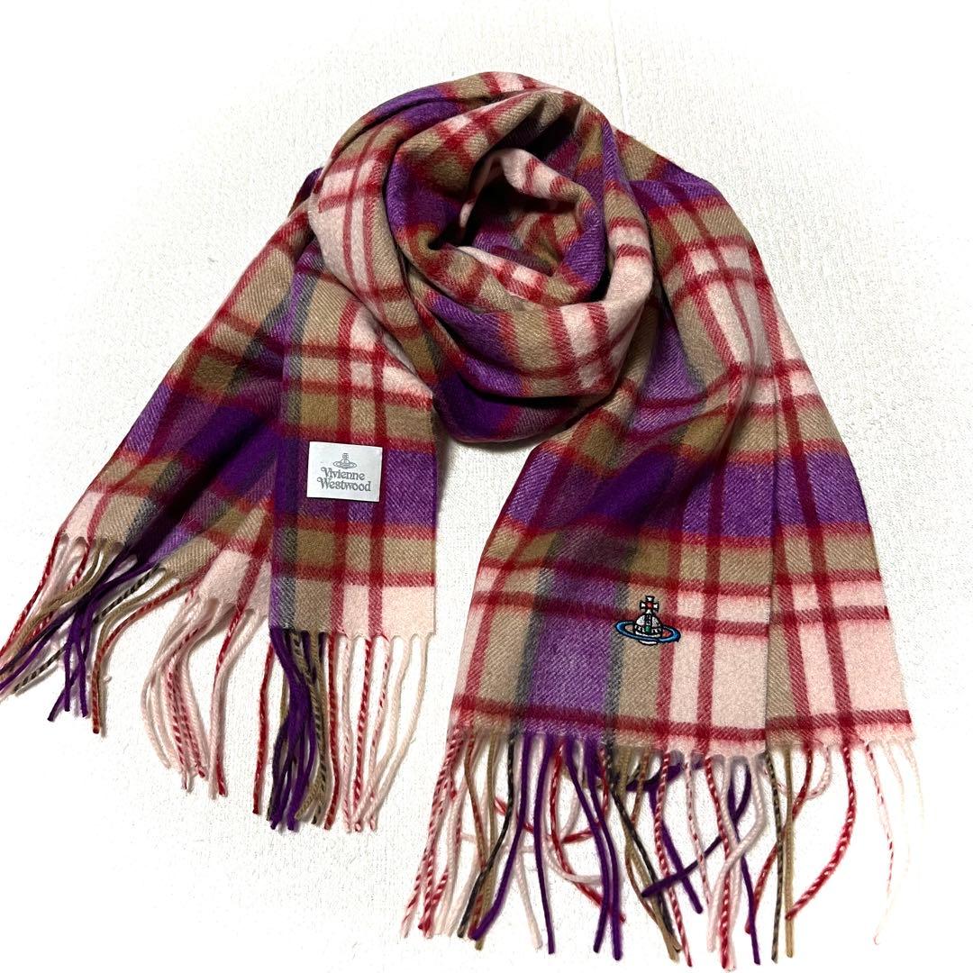 美品Vivienne Westwood チェック マフラー オーブ刺繍 カシミヤ