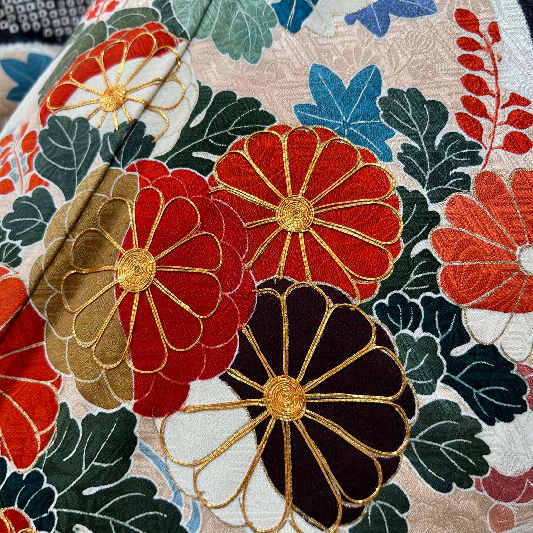 350 振袖フルセット 正絹 黒 朱赤 絞り 金彩 駒刺繍 古典 シック レトロ