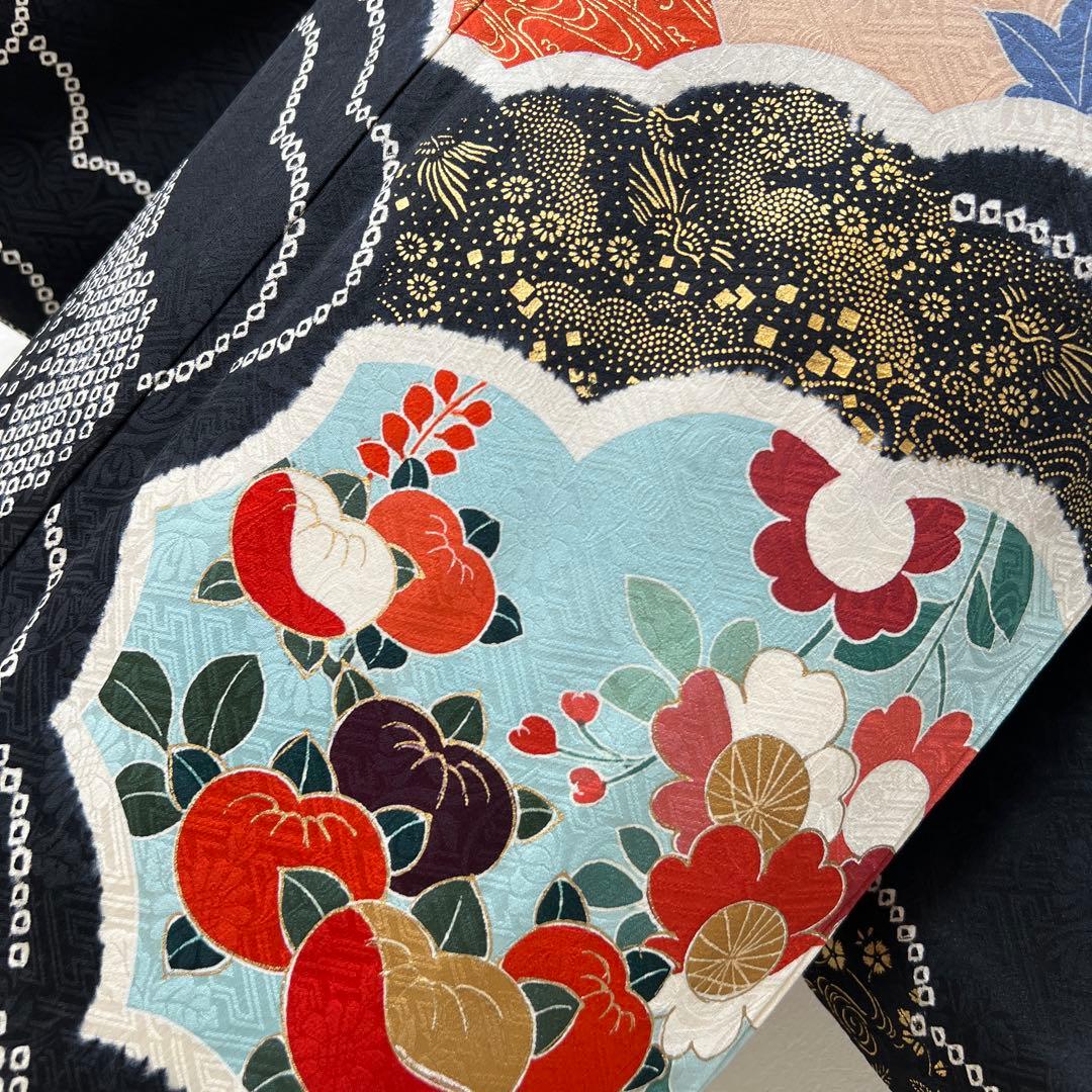 350 振袖フルセット 正絹 黒 朱赤 絞り 金彩 駒刺繍 古典 シック レトロ