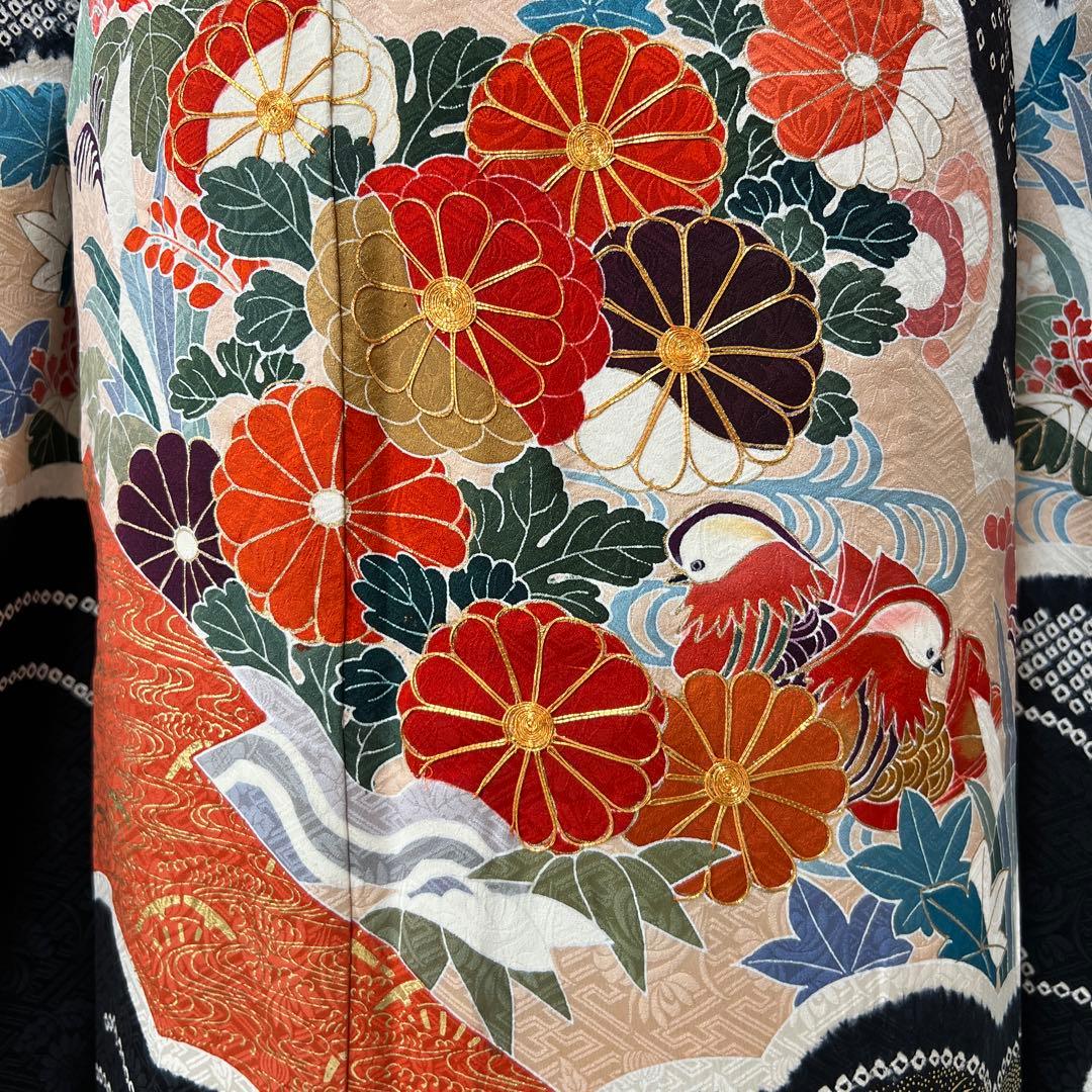 350 振袖フルセット 正絹 黒 朱赤 絞り 金彩 駒刺繍 古典 シック レトロ