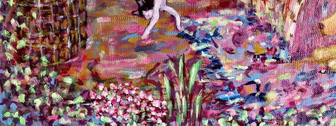 「猫とインコとイングリッシュコッカーのいる寝室」 アクリル画 原画 F8