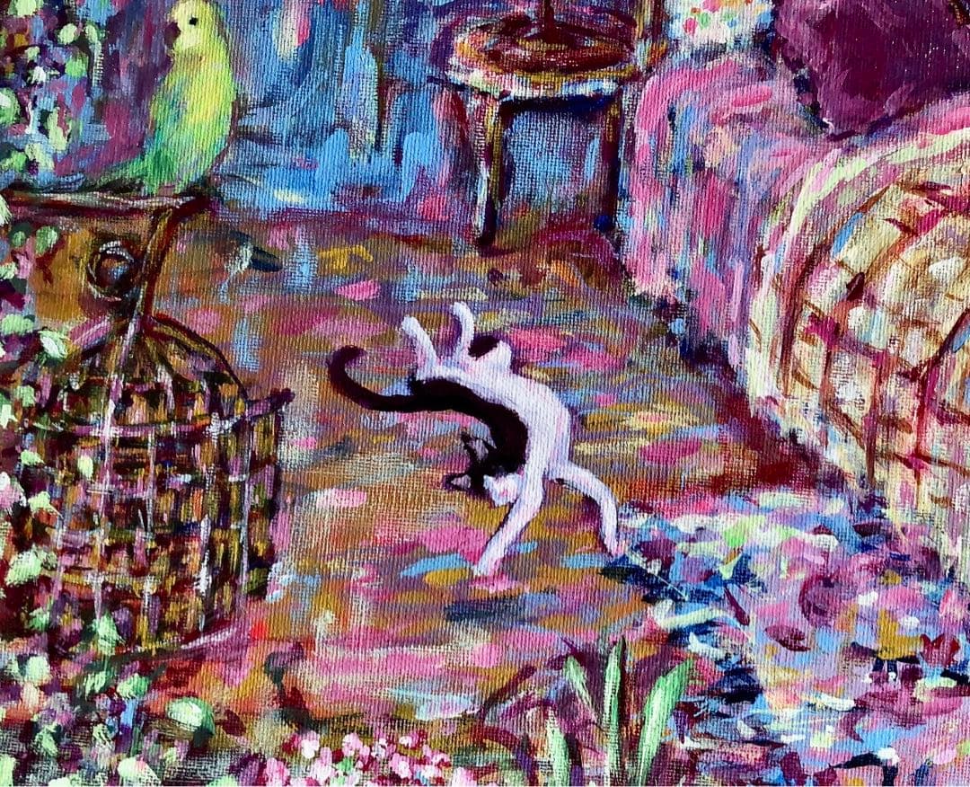 「猫とインコとイングリッシュコッカーのいる寝室」 アクリル画 原画 F8